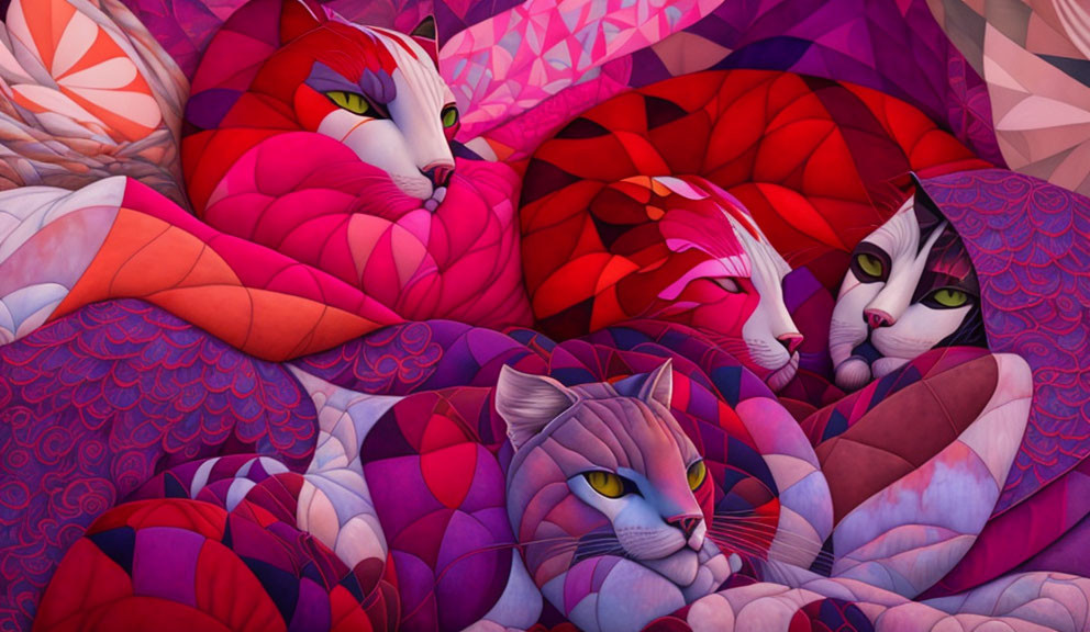 Colorful Illustration of Stylized Cats with Intricate Patterns