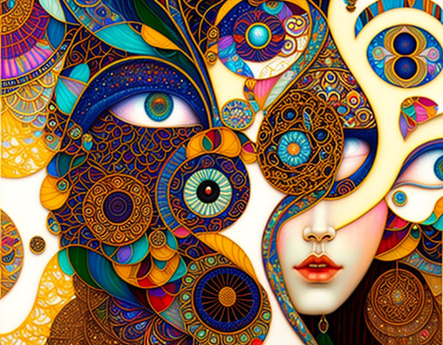 Colorful abstract portrait with intricate patterns and multiple eyes