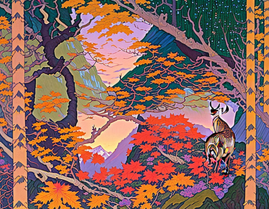 Illustration of deer in autumn forest with twilight sky