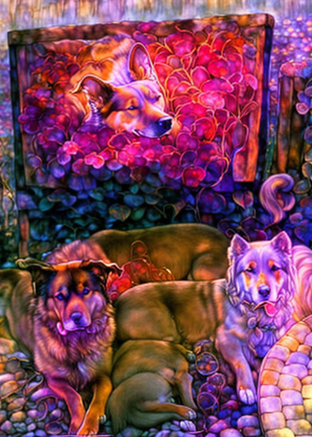 Colorful painting featuring three dogs in lush surroundings