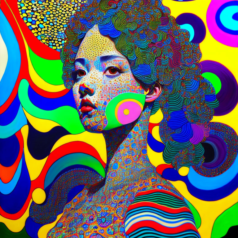 Colorful digital artwork: Woman with swirling psychedelic patterns