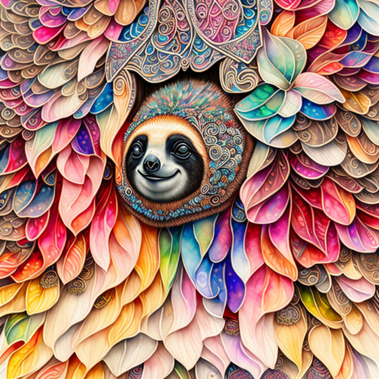 Colorful Sloth Illustration Among Intricate Leaf Designs