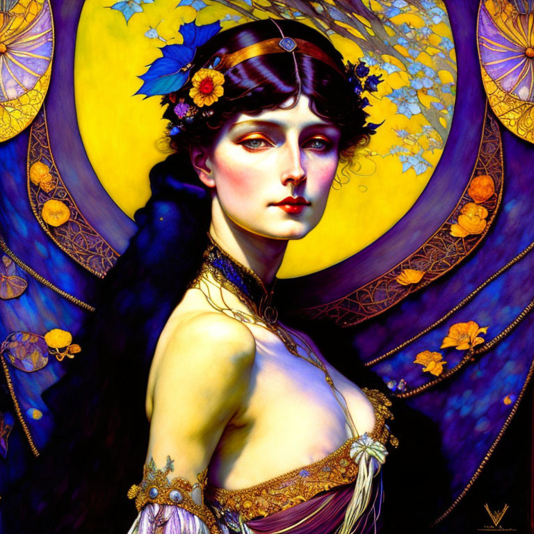 Illustration: Woman with floral headband, golden halo, purple dress