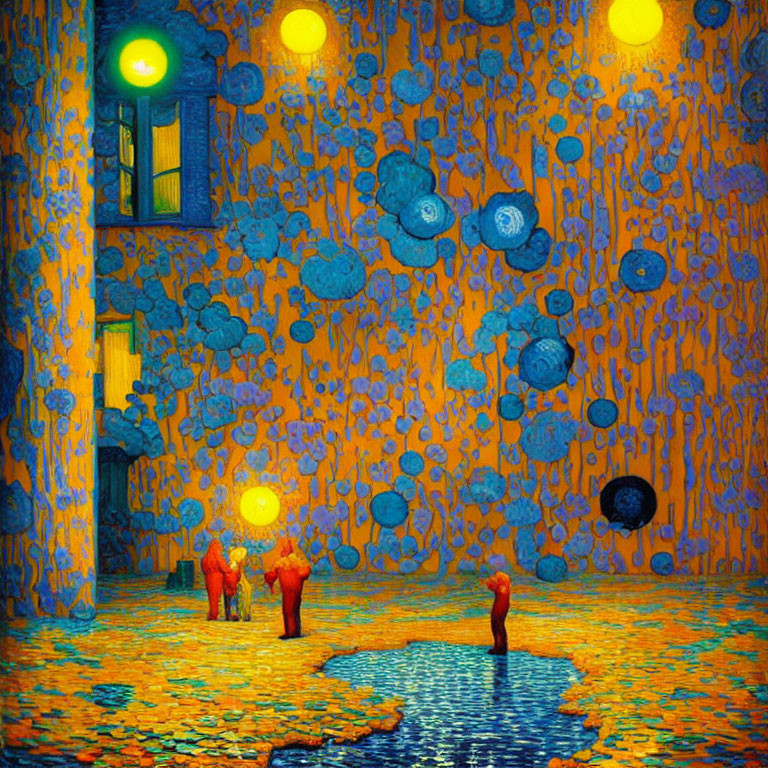 Surreal blue and yellow painting with figures, orbs, floral motifs, and reflective pond