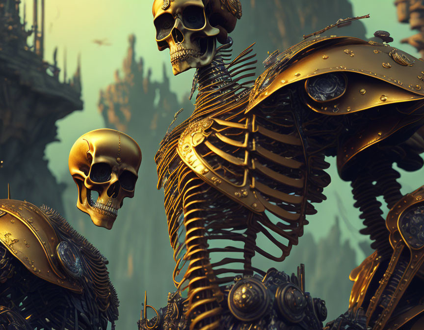 Digital artwork: Mechanical skeletons with golden bones in intricate designs against eerie, towering structures