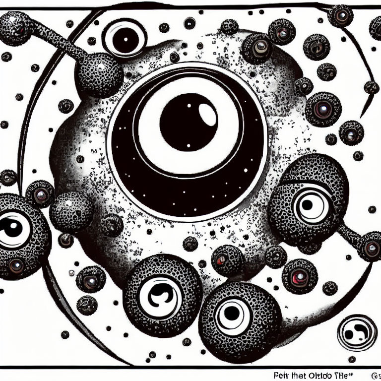 Monochrome abstract art featuring circles, orbs, eye-like centers, concentric patterns, and dotted textures