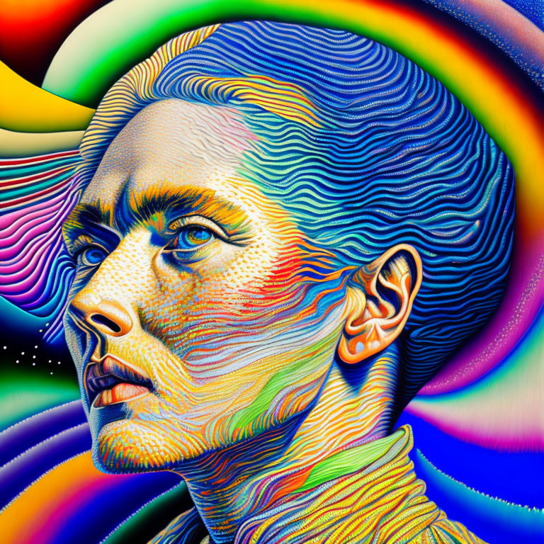 Colorful profile portrait with psychedelic contour lines on rainbow swirls