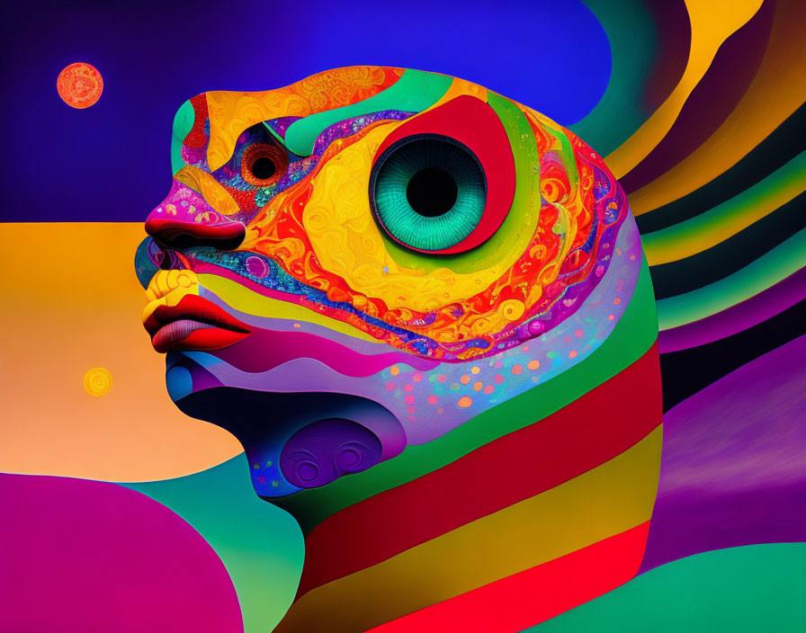 Colorful Abstract Digital Artwork of Surreal Face with Green Eye