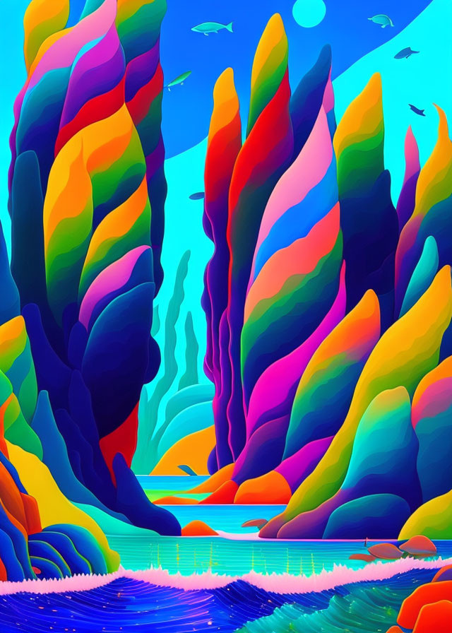 Colorful digital artwork: stylized cliffs, blue river, birds in clear sky