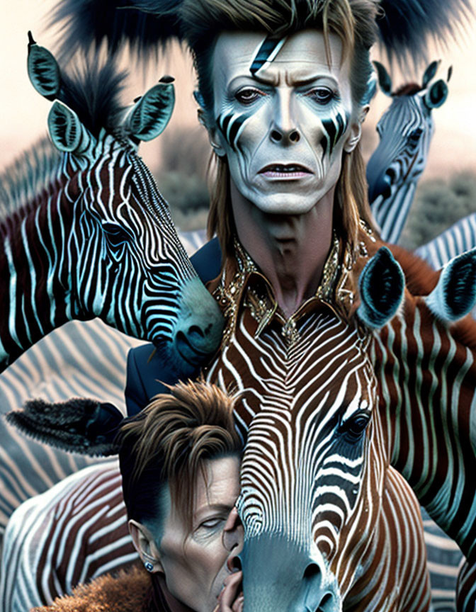 Stylized portrait with lightning bolt makeup and zebras on blue backdrop