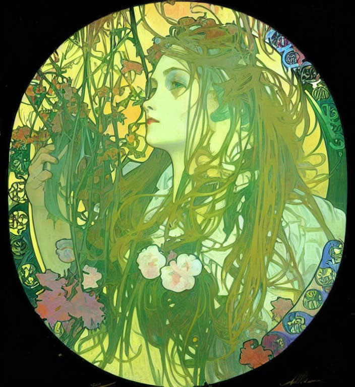 Circular Art Nouveau Woman Illustration with Flowing Hair and Green Tones