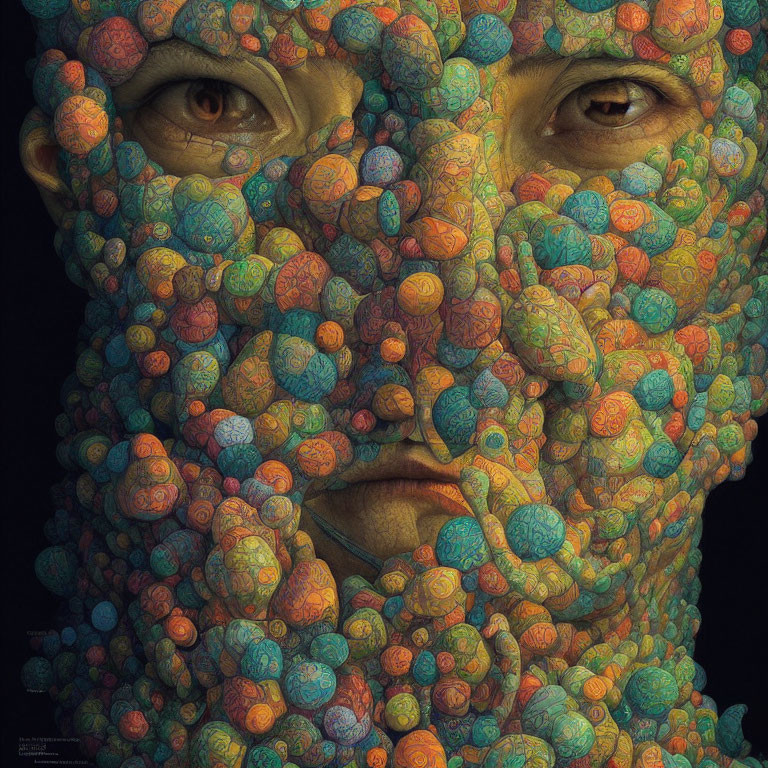 Colorful patterned spheres obscure person's face in close-up shot