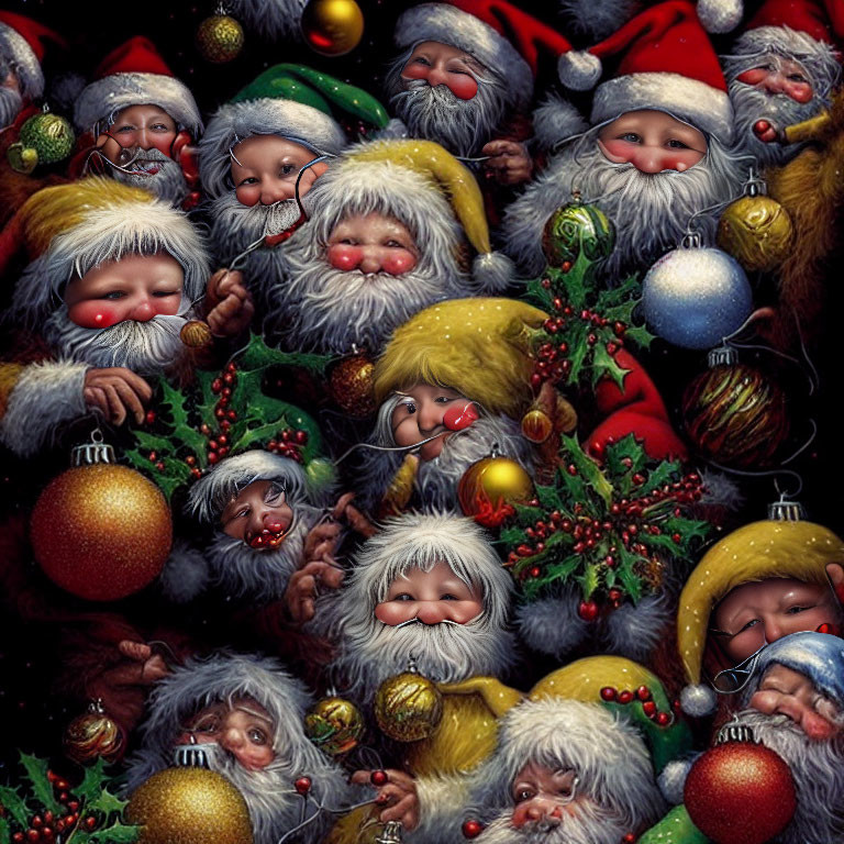 Collage of Santa Claus Faces with Christmas Decorations