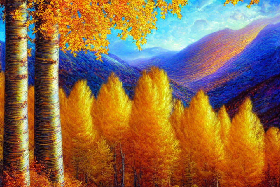 Vibrant autumn landscape with golden foliage and blue hills under warm light