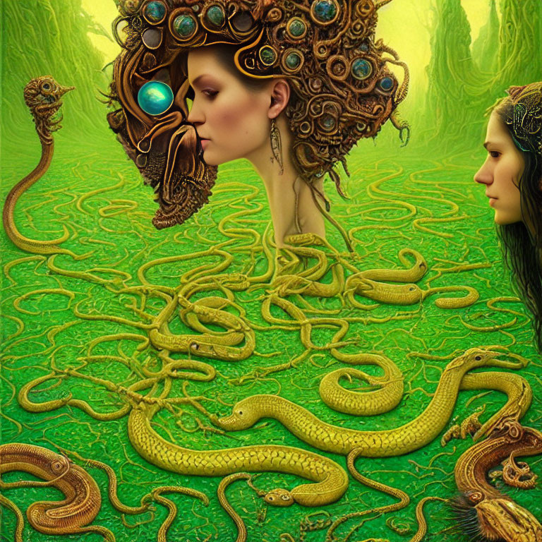 Fantasy Artwork of Women with Snake-like Hair and Serpents on Green Background