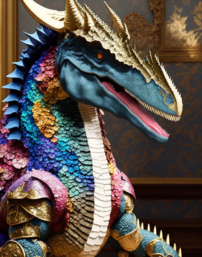 Vibrant dragon with detailed scales in luxurious golden room