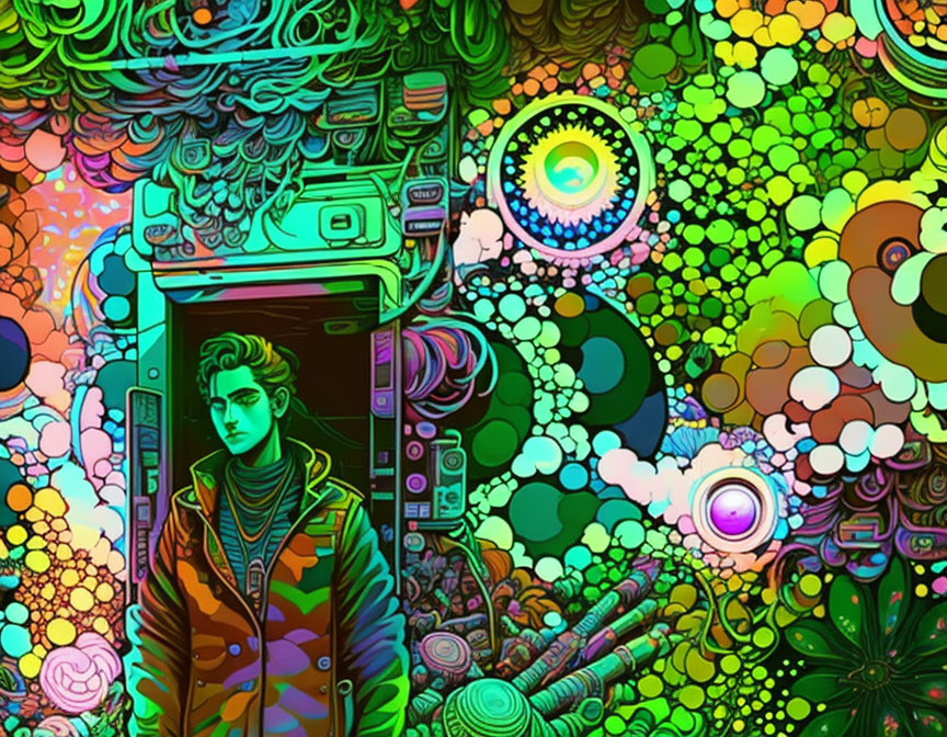 Colorful illustration of person by jukebox in psychedelic background