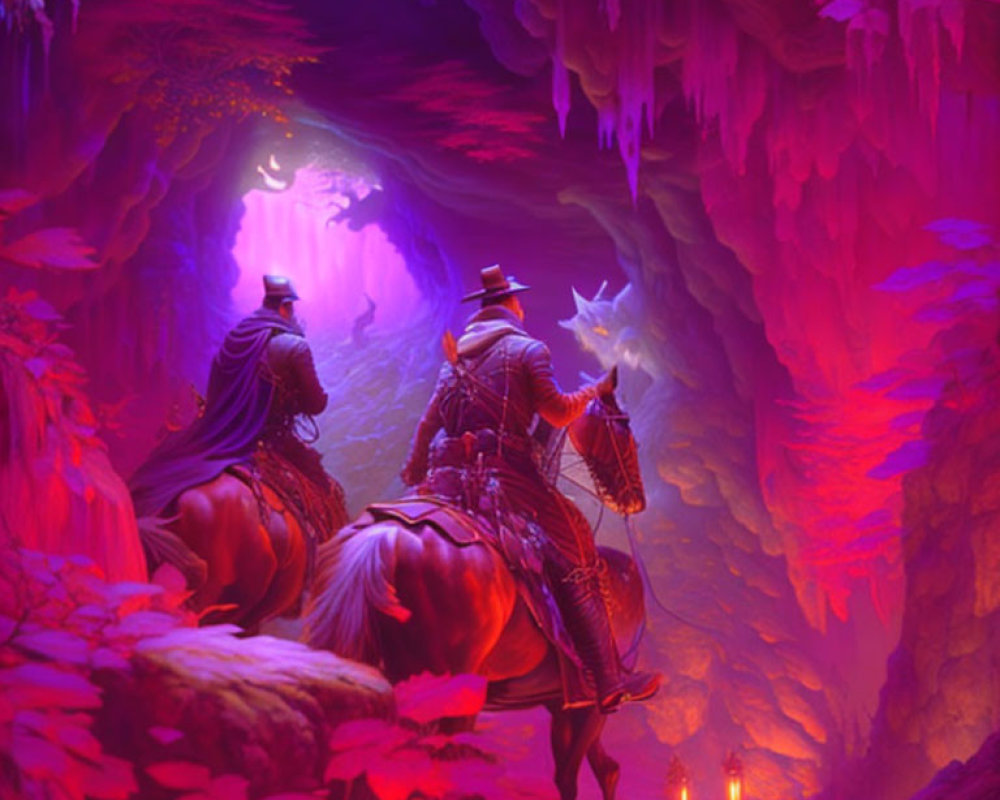 Cowboys on horses in purple-lit cave with stalactites and mystical energy