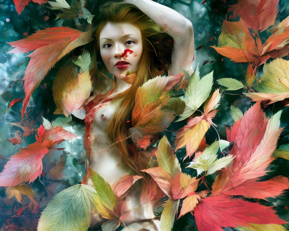 Woman Submerged in Water Surrounded by Red and Orange Leaves