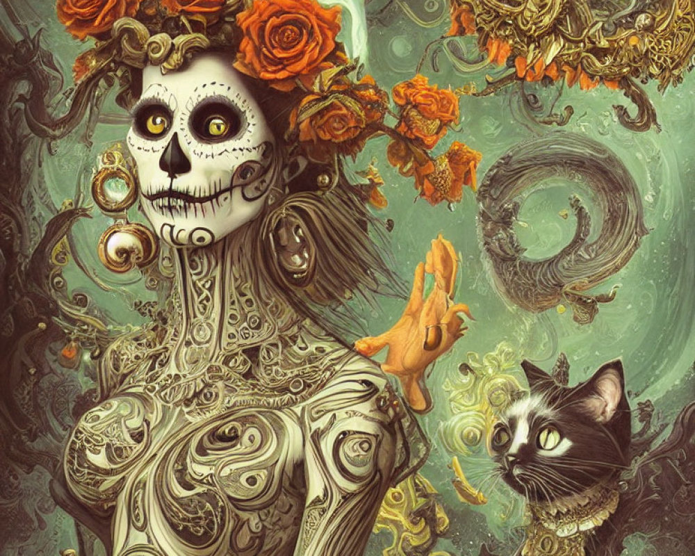 Skeleton Figure with Orange Roses and Black Cat on Green Background