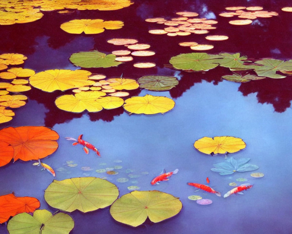 Vibrant koi fish and lily pads in serene water scene