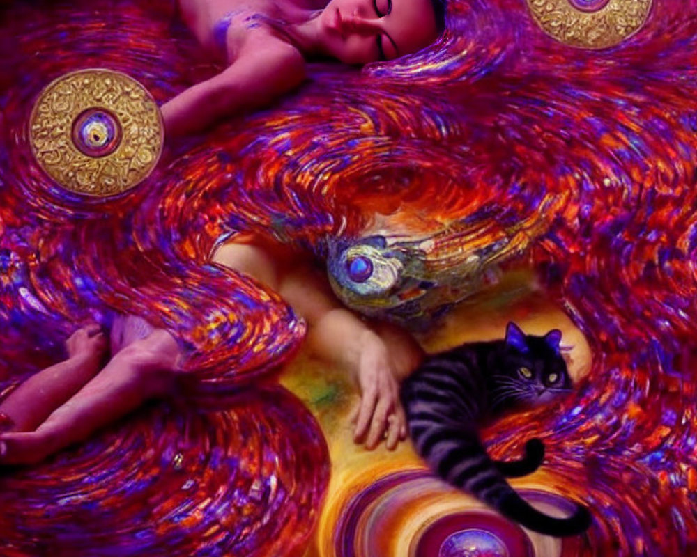 Surreal artwork featuring person, black cat, vibrant swirling patterns