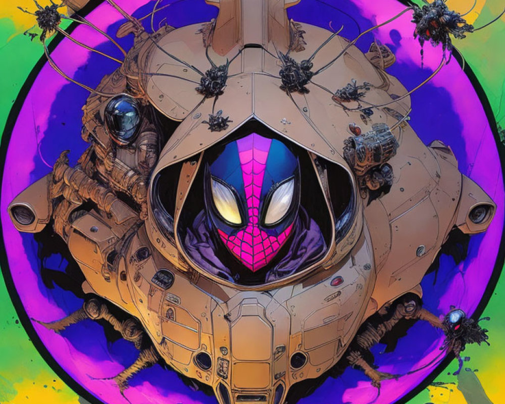 Detailed futuristic Spider-Man character illustration with mechanical spider apparatus.