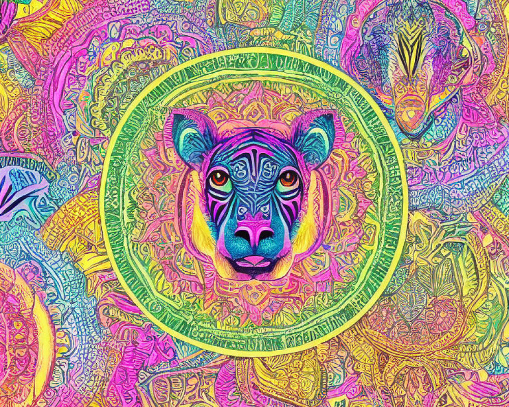 Colorful Psychedelic Tiger Face Illustration with Swirling Patterns