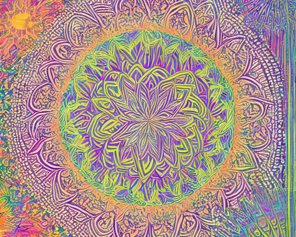 Colorful psychedelic mandala with intricate floral patterns and sun motif