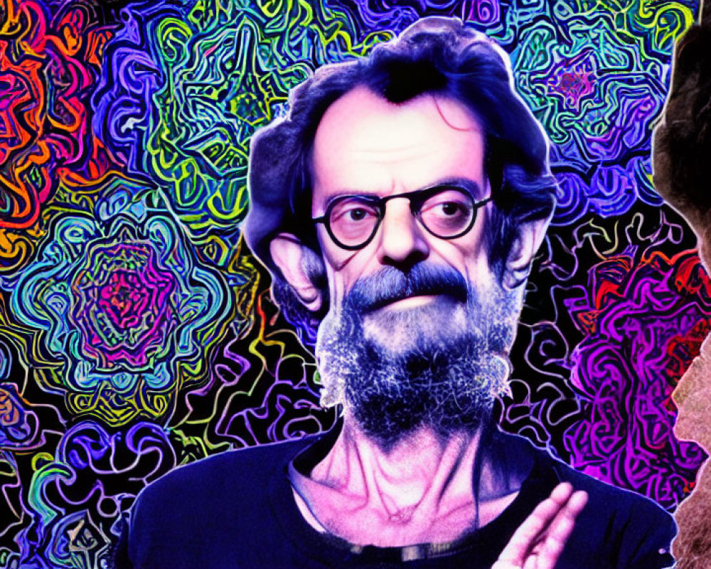 Bearded man in glasses on vibrant psychedelic background