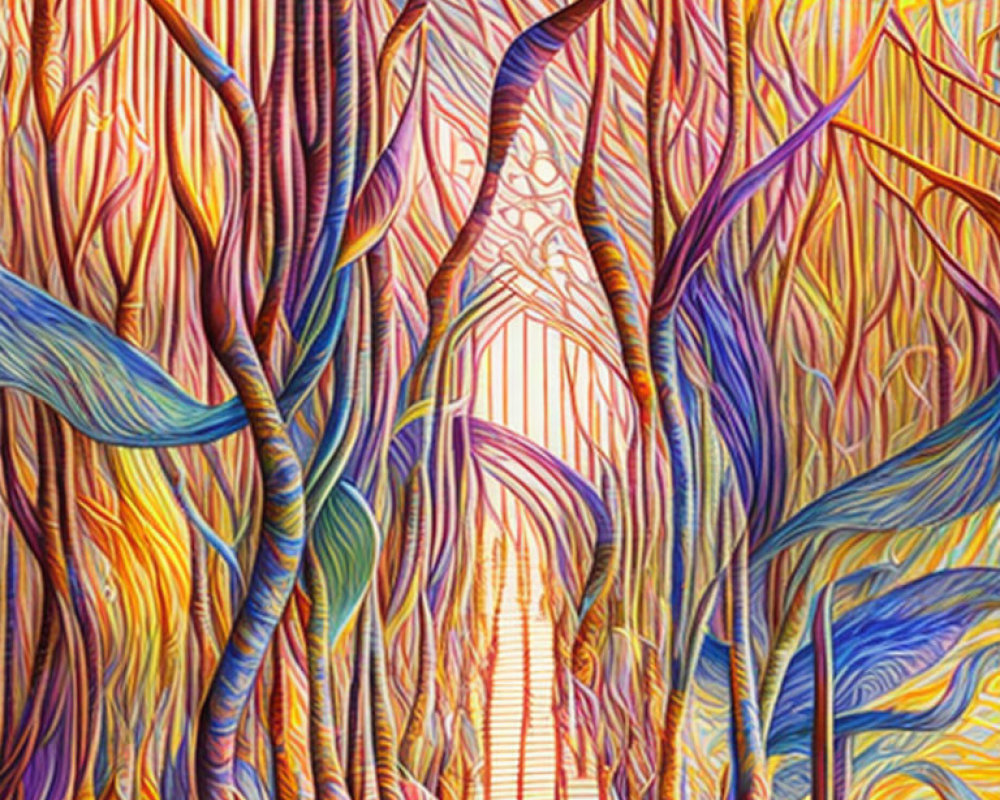 Vibrant intertwined lines in surreal forest with solitary silhouette.