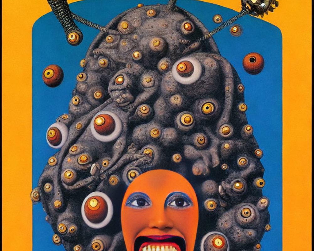 Surreal Artwork: Creature with Multiple Eyes and Faces on Yellow Background