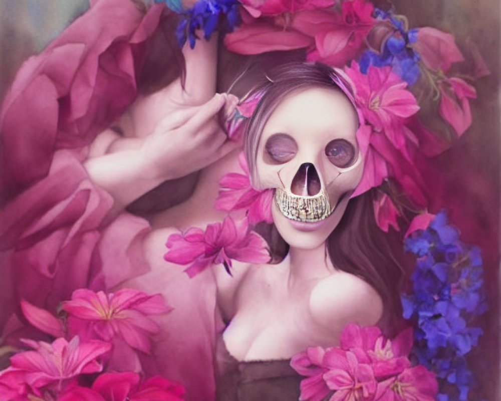 Skull-faced figure with vibrant flowers and bird in surreal portrait