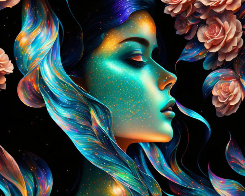 Colorful Illustration of Woman with Blue Hair and Starry Skin surrounded by Luminous Flowers