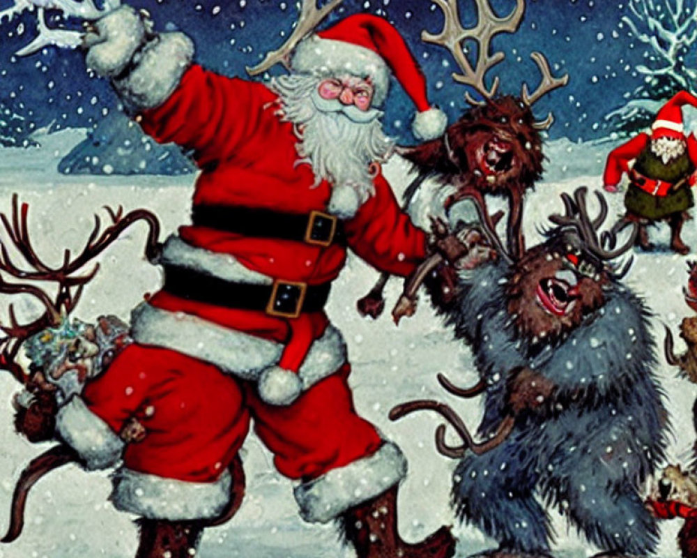 Santa Claus and reindeer in snowy night scene with dancing and guitar playing.