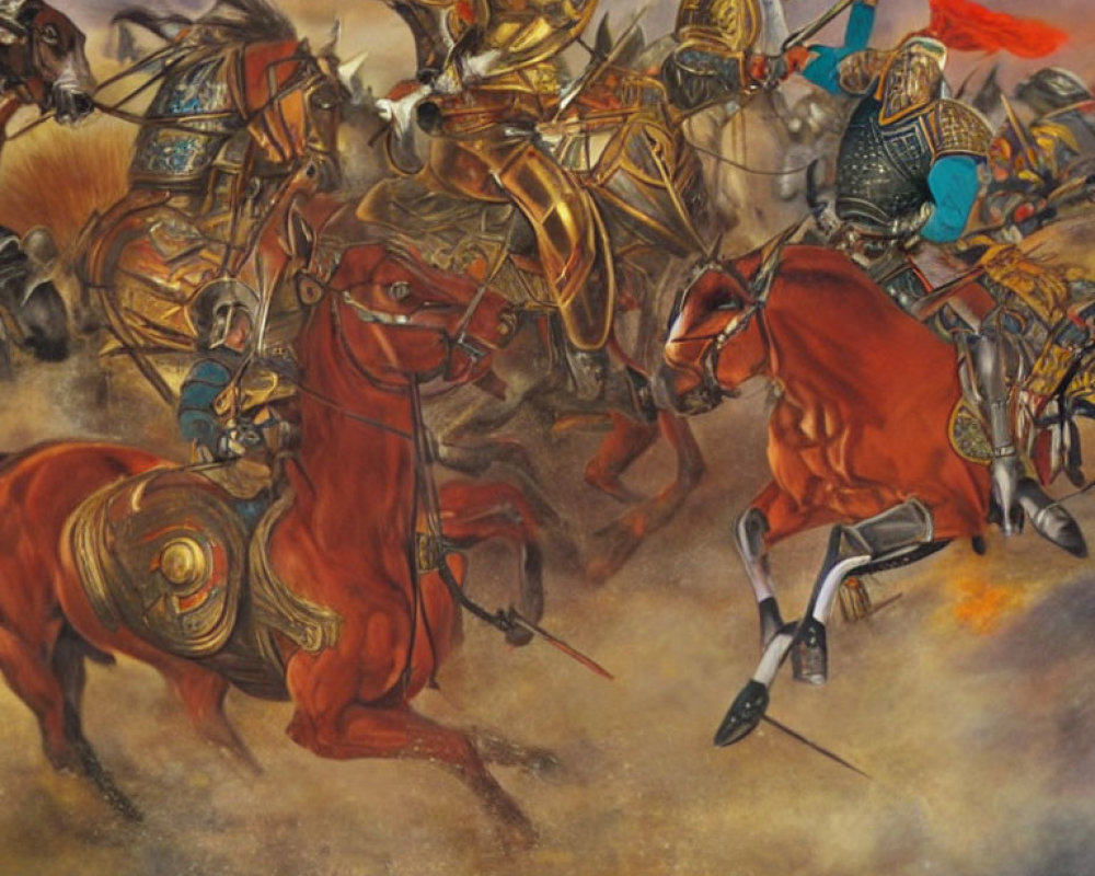 Medieval cavalry battle oil painting with armored knights and tumultuous sky