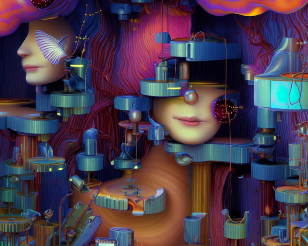 Colorful Surreal Digital Artwork: Abstract Human Faces Interconnected by Mechanical Structures in Vibrant Background