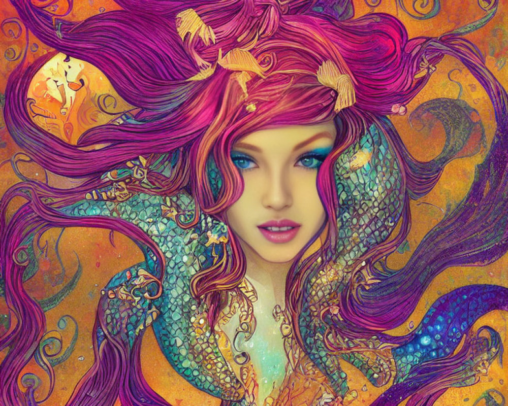 Colorful woman with pink hair and scales in psychedelic setting