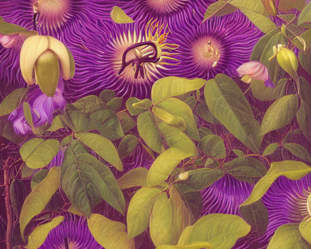 Detailed illustration of vibrant purple passion flowers on textured background