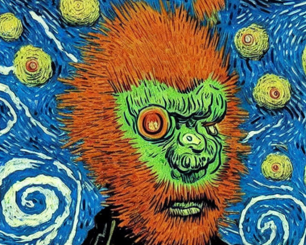 Stylized image of green-skinned creature on starry van Gogh-esque background