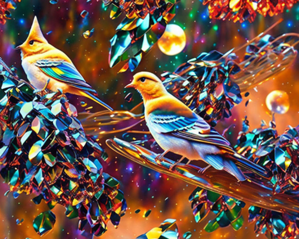 Colorful digital art: Two stylized birds on branches with crystal-like texture on deep, sparkling backdrop