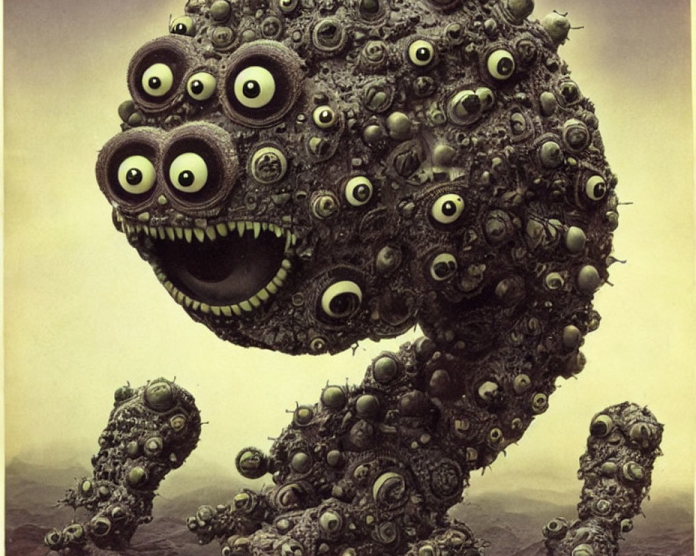 Surreal creature with multiple eyes and mouths in barren landscape