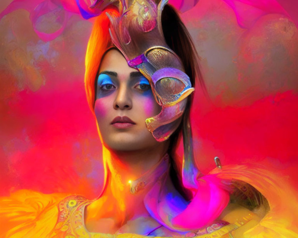 Colorful portrait with fantasy makeup and elaborate headpiece in gold, pink, and purple tones