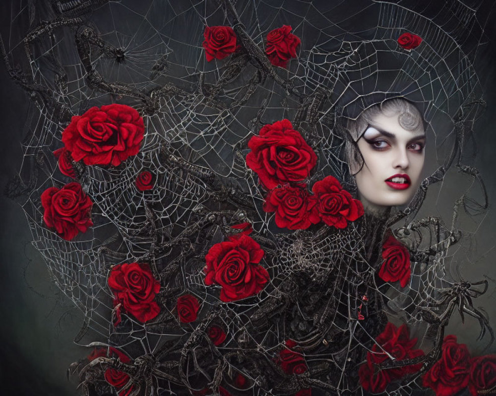 Dark Gothic Makeup Woman's Face with Spiderwebs and Red Roses