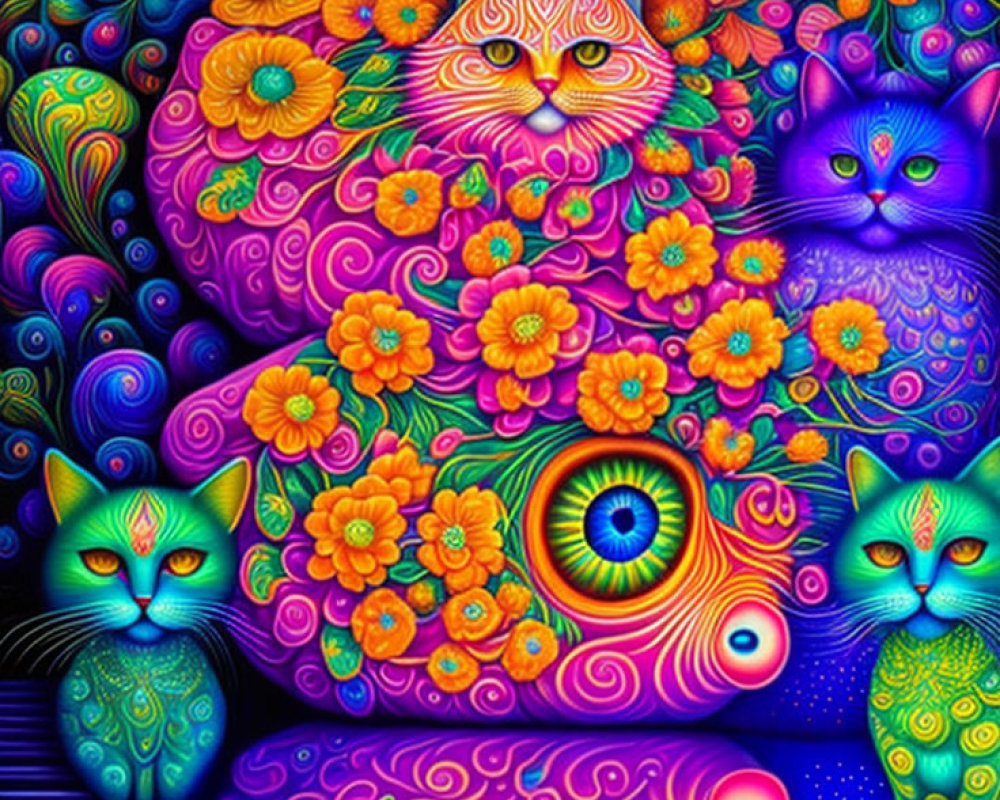 Colorful Psychedelic Cat Art with Floral Patterns and Luminous Background