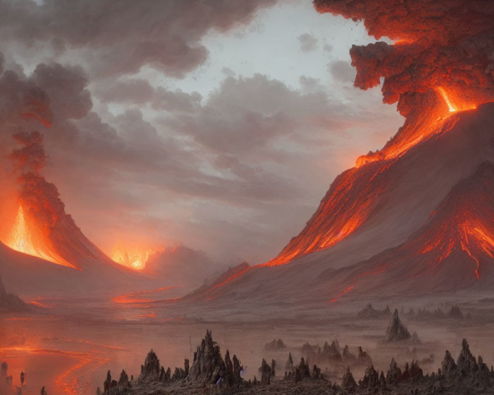 Volcanic eruption creates apocalyptic landscape with fiery sky