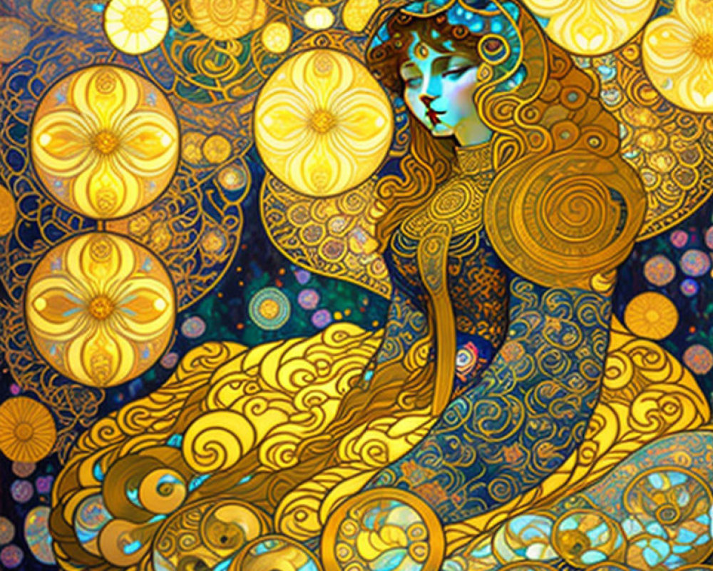 Colorful Art Nouveau Woman Illustration with Floral Patterns on Blue Background