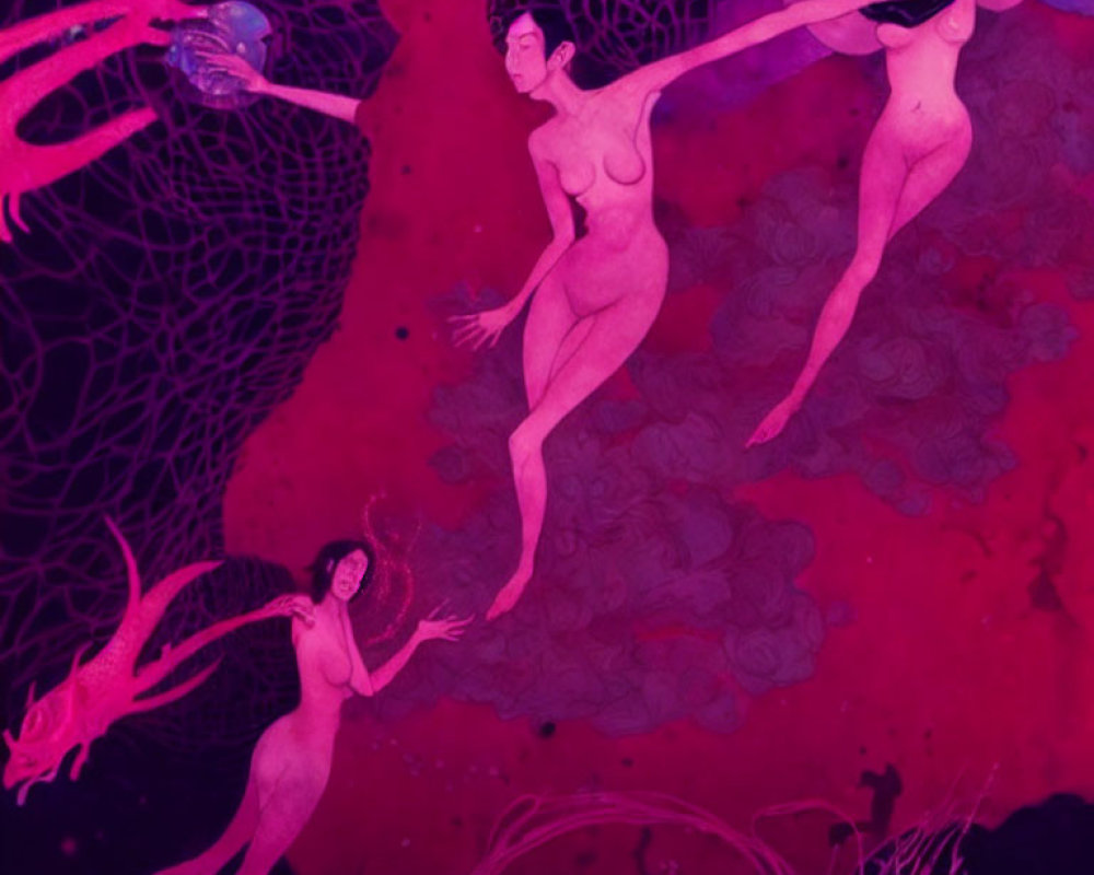 Dreamlike illustration: Three nude figures among red coral structures & surreal aquatic creature