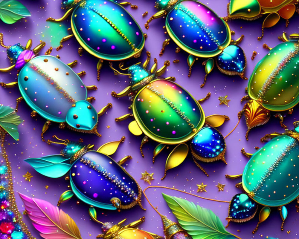 Colorful digital artwork: stylized beetles with golden accents on purple background