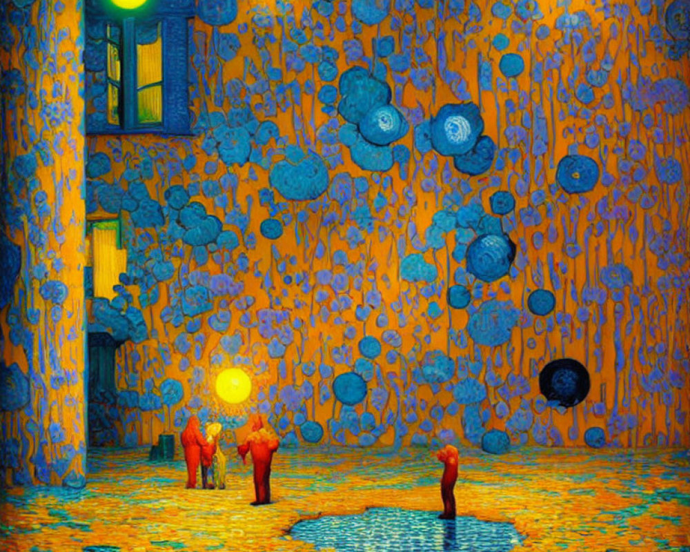 Surreal blue and yellow painting with figures, orbs, floral motifs, and reflective pond